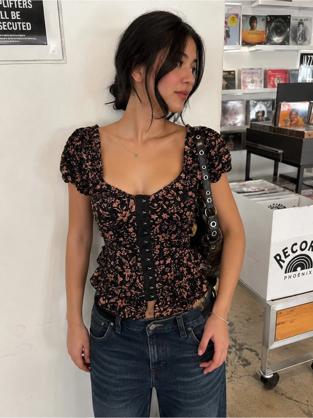 Free People Oh Baby Top Floral Lace Corset Hook Eye Puff Sleeve Milkmaid Blouse